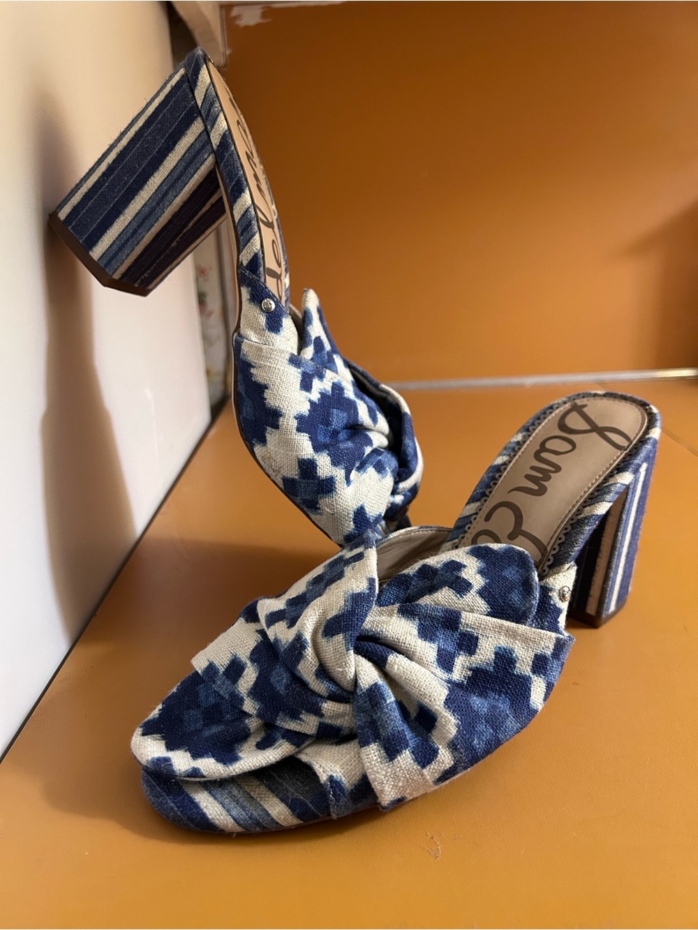 Sam Edelman Blue Patterned Knot-Front Block Heel Mules